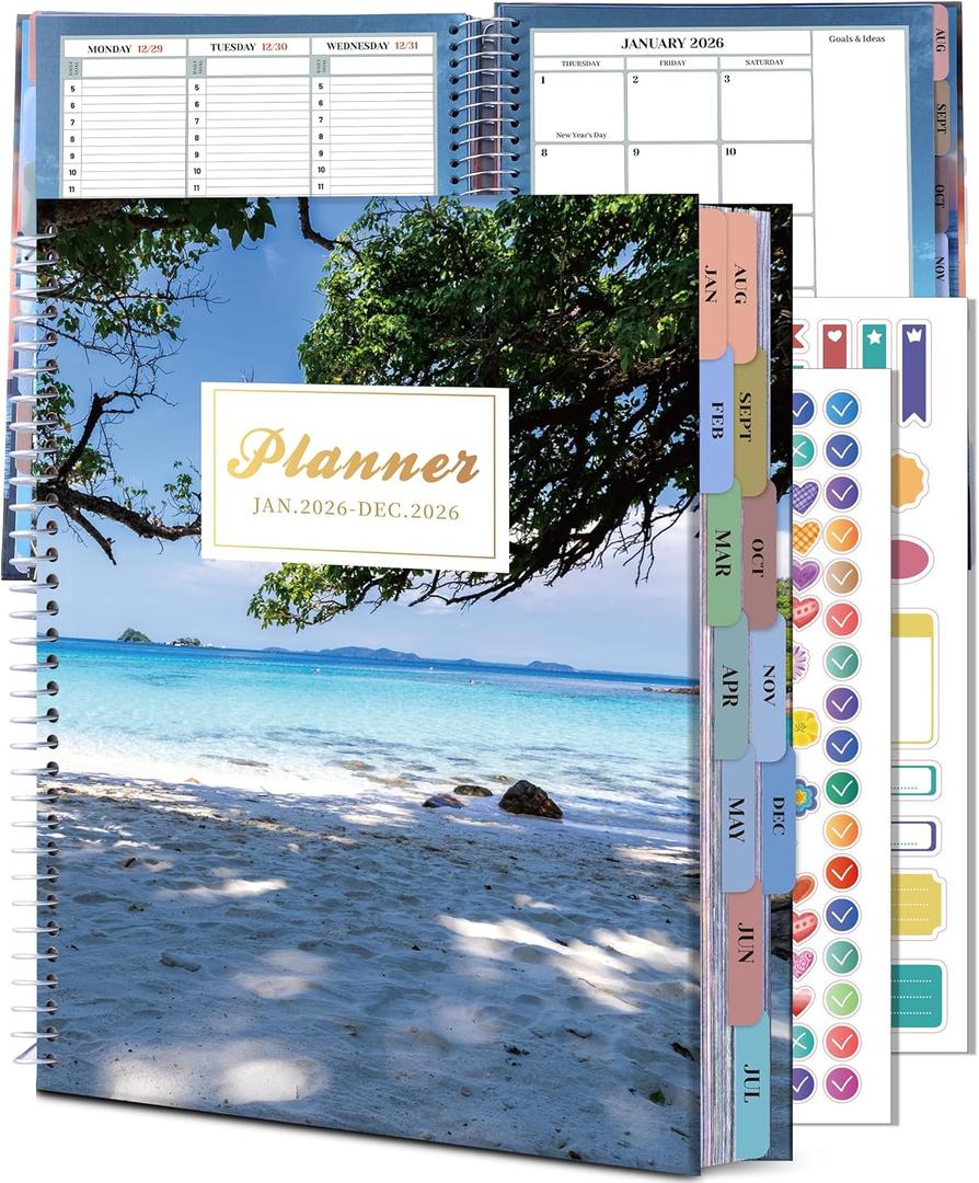 CAGIE 2026 Planner Weekly and Monthly (Jan. 26-Dec. 26), 12 Month Hourly Planners 8.5"x11", Large Daily Planner with Hourly Timeslot, Monthly Tab, Spiral Binding, Bookmark (Seabeach)