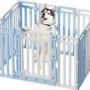 Dog Fence Pet Playpen Clear Puppy Cat Medium Small Play Pen Foldable Kennel Indoor Outdoor Whelping Box for Dogs with Gate (Blue + White, 12 Panels+1 Door)