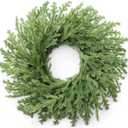 26" Norfolk Pine Wreath, Large Greenery Wreath for Front Door, Green Year Round Real Touch Artificial Wreath for Wall Porch Rustic Home Holiday Decor, with Lights, Red Bow, Bell, FF11