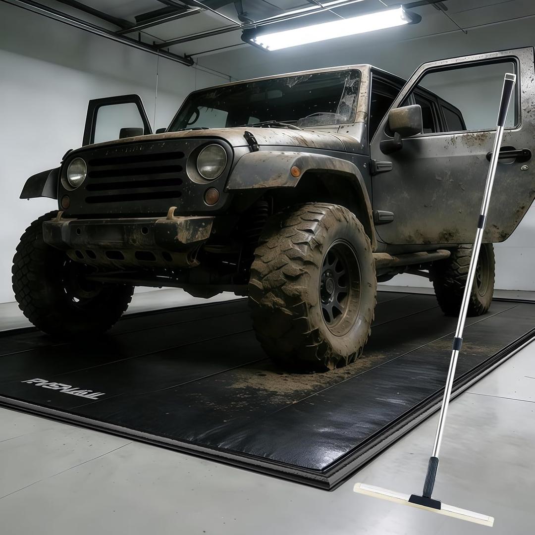 Garage Floor Mat, 7'9''x18' Heavy Duty 1.2inch Thick Containment Mats, Waterproof PVC Matwith High Elastic Sponge Column, Non-Slip Surface, Parking Mat with a Squeegee