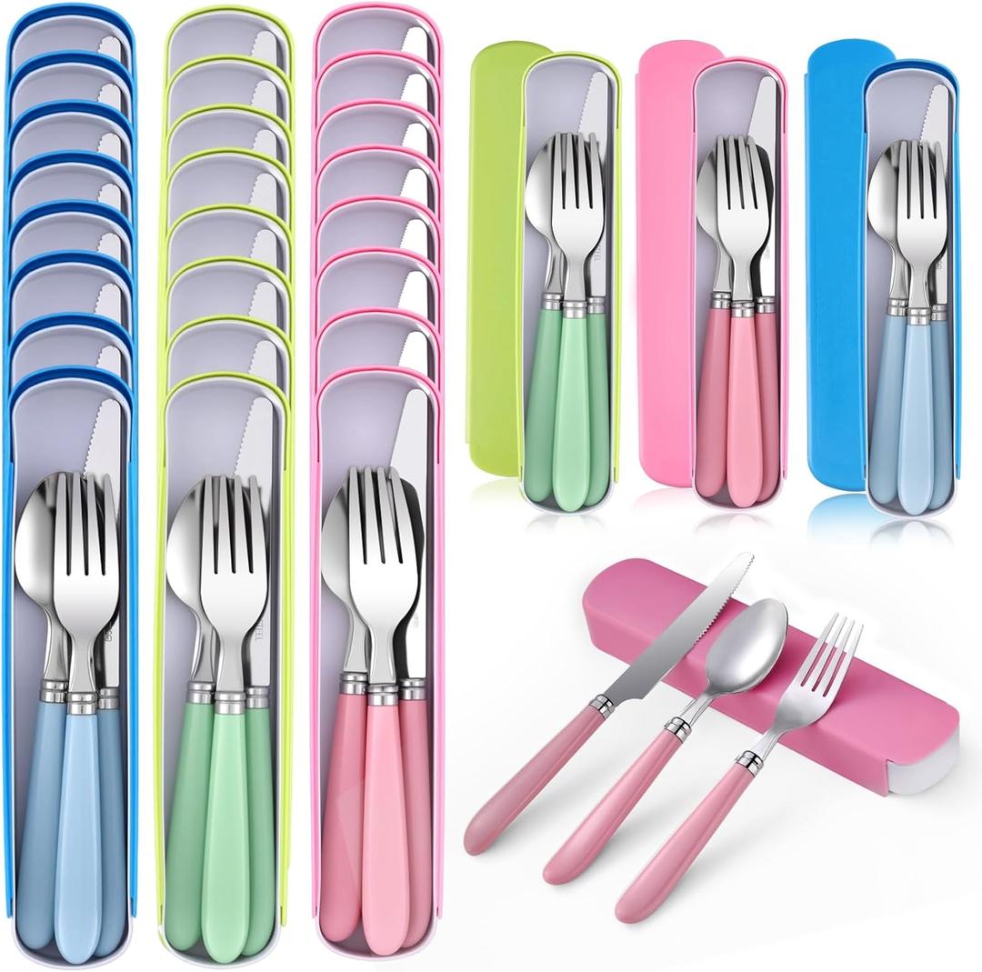 24 Sets Portable Travel Utensils Set with Case Bulk Reusable Stainless Steel Silverware Travel Cutlery Lunch Tableware Portable Spoon Knife Forks Dinnerware Cutlery for Adults Camping