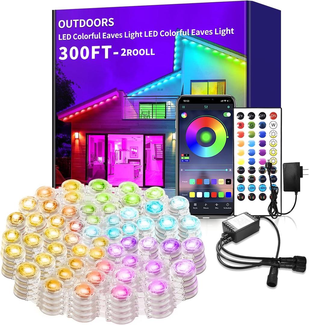 300FT Permanent Outdoor Lights for House,Waterproof Smart RGB LED Eaves Lightspermanent outdoor lights with App/Remote Control,Music synchronisationfor House,Halloween,Roof,Christmas Decorations