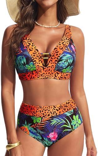 Hanna Nikole Womens High Waisted Bikini Sets Floral Print, 2 Piece Swimsuits Cutout, V Neck Bathing Suits Sexy Swimwear Large
