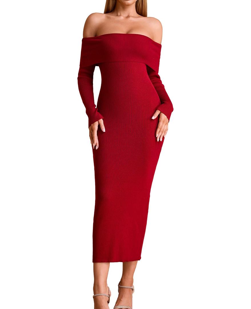 GLNEGE Off The Shoulder Fall Wedding Guest Dress Long Sleeve Bodycon Formal Cocktail Sweater Dresses for Women Wine (XS)