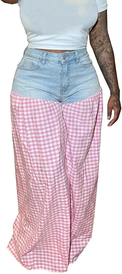 ThusFar Women's Wide Leg Jeans Checkered High Waisted Stretchy Straight Leg Loose Denim Pants Streetwear (Pink, L)