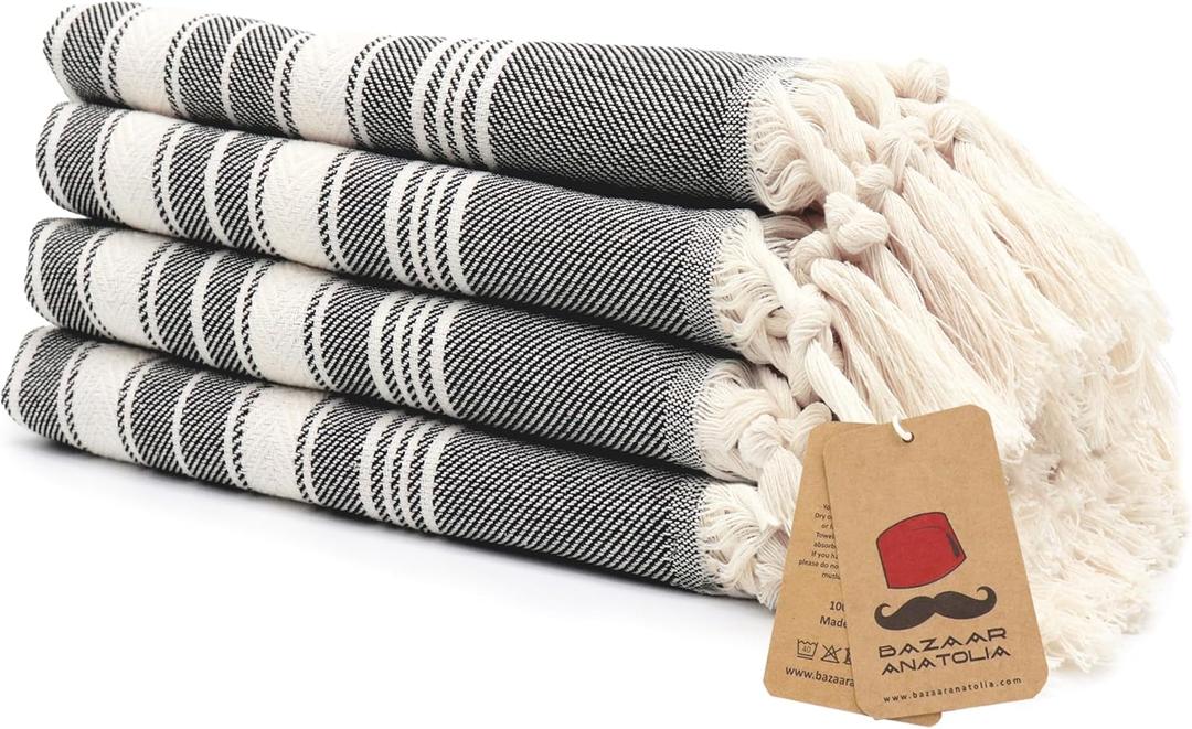 Bazaar Anatolia Hand Towels - Set of 4 | 39" x 19" - Decorative Turkish Hand Towel for Bathroom, 100% Cotton, Kitchen, Face, Hair, Tea, Dishcloth, Bathroom Hand Towels - Stripe Black