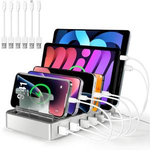 300W Charging Station for Multiple Devices, Fast Charging 6 Port Charging Station - Compatible with iPhone iPad Android Tablets, Home Office Travel Organizer