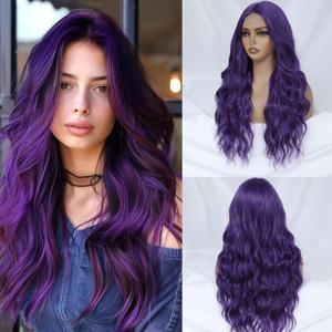 Dark Purple Wig for Women Long Wavy Purple Wig Middle Part 26 Inch Wigs Heat Resistant Synthetic Wig for Daily Use