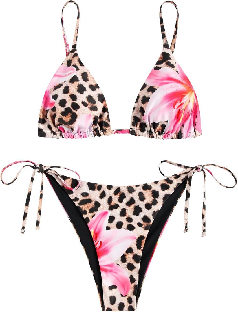 ZAFUL Women's Triangle Bikini Floral String Bikini Set Two Piece Swimsuit Bathing Suits (X-Large, 2-leopard Light Brown)
