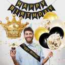 Black and Gold Birthday Decorations for Men Women, Black and Gold Party Decorations Include Crown Hanging Swirls Sach Tablecloth Cake Toppers Banner for Gold and Black Birthday Decorations for Dad
