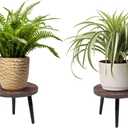 2 Pcs 8 inch Plant Stands, Small Floor Indoor Plant Stand, Mid Century Wood Planter Stand with Metal Leg, Round Modern Plant Stool for Indoor Outdoor Flower Pots (Brown)