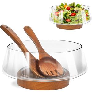 PROLEE Extra Large Glass Salad Bowl Set, Clear Salad Bowl with Solid Wood Base Servers, Elegance Salad Serving Bowls for Kitchen Utensils and Party