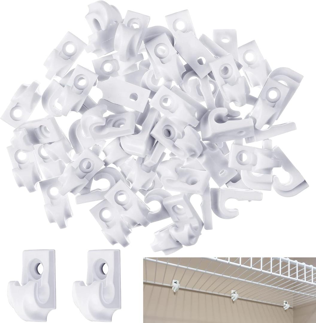 Amyhill 50 Pieces White Wire Shelf Clips Closet Shelves Down Wall Loop Clips Plastic Heavy Duty Shelf Bracket for Wire Shelving, Screws and Expansion Tube Not Included (White)