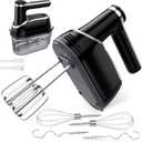 binROC Cordless Electric Hand Mixer, 12-Speed Rechargeable Handheld Mixer with Eject Button, 6 Stainless Steel Attachments, Snap-On Storage Case, LED, Self-Stand for Baking, Cake, Dough, Egg (Black)