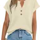 Women's Sweater Vest Spring Summer Button V Neck Striped Pullover Tank Top Cap Sleeve Knit Sweaters Tops (L)