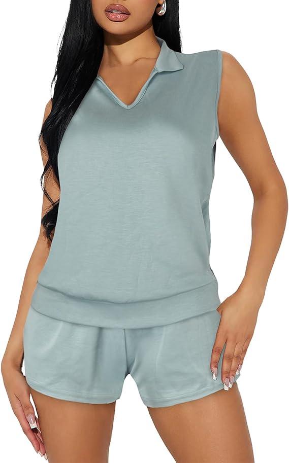 CUTUBLY Women's 2 Piece Sets Casual Loose Rompers Short Pants Lounge Sets Summer Jumpsuits Tracksuit, M