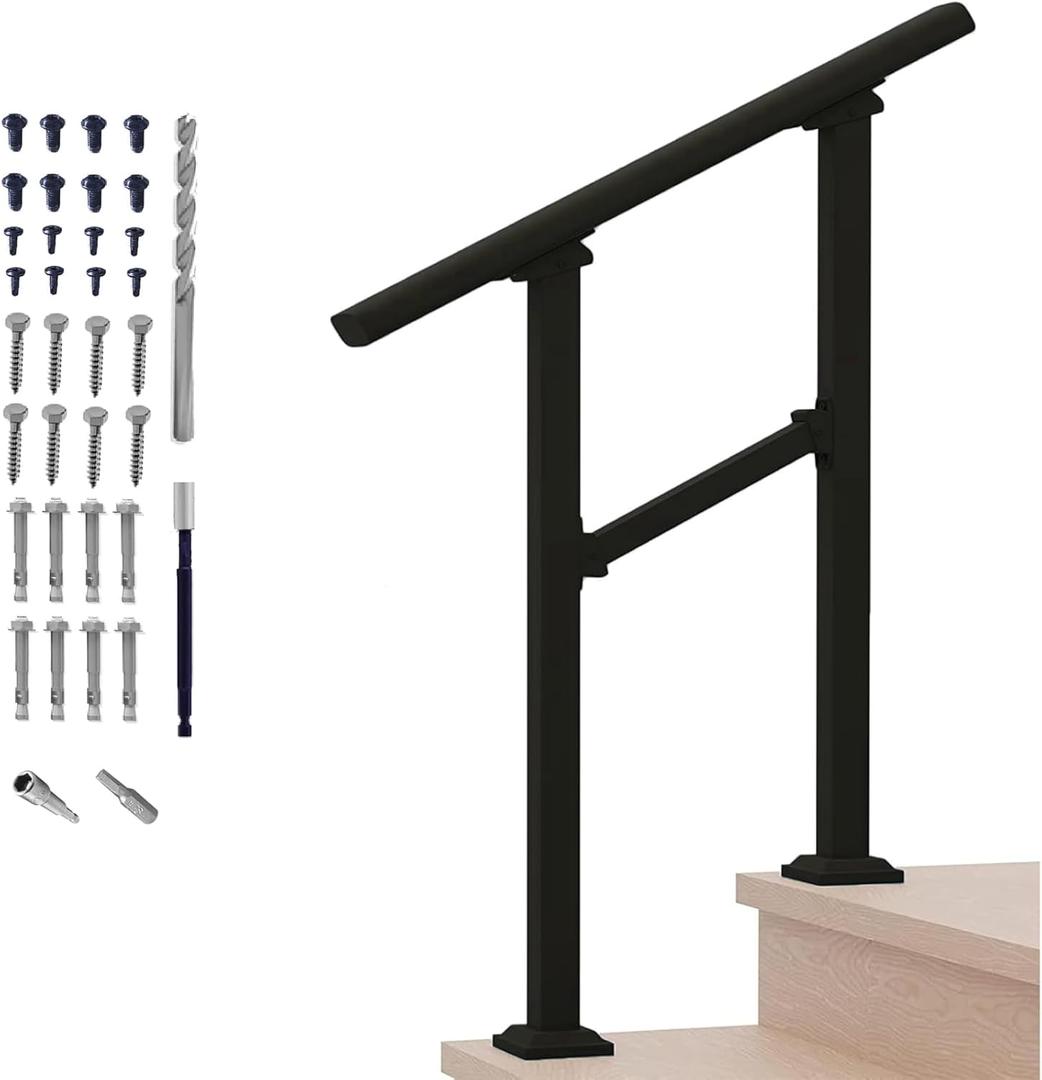 Metty Metal Hand Rails for Outdoor Steps,2 Step Stair Handrail & Indoor Stair Railing KitMetty Metal Railings for Outdoor Steps and Hand Rails for Seniors for Porch Railing