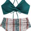 ZAFUL Twist High Waisted Bikini for Women Cross Lace Up Bathing Suit Ruched Bikini Swimsuits Tummy Control Swimwear (L)
