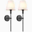 Wall Sconces Sets of 2, Retro Industrial Wall Lamps, Bathroom Vanity Sconces Wall Lighting with White Fabric Shades, Wall Lights for Bedroom Living Room Kitchen and Corridor (Black)
