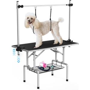 Lyromix 42''Large Dog Grooming Table, Adjustable Cat Drying Desktop with Arms, Nooses, Mesh Tray, Foldable Pet Station at Home, Maximum Capacity Up to 330Lb, 42inch, Black