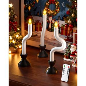 COOLWUFAN Christmas Window Candles, 3 Pcs Flameless Taper Candles with Remote Timer, Battery Operated Dripless LED Flickering 3D Flame, Holiday Decor for Home, Party (Black Base)