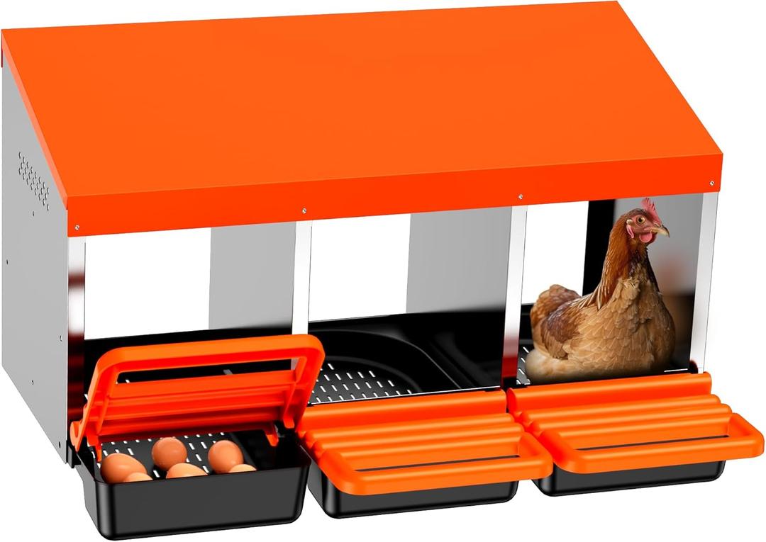 Chicken Nesting Boxes, 3 Hole Metal Chicken Egg Laying Box with Swing Perch and Rollout Egg Collection for Chicken Coop (Orange)