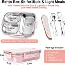 25oz 18/8 Stainless Steel Lunch Box Kit (Bento Box + Fork/Spoon) - 3 Leakproof Compartments - Metal Snack Box for Kids & Adults - School/Office/Travel - Dishwasher Safe (Pink)