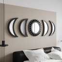 WAKOSAN Wall Mirror, Moon Phase Mirror Set, Wall Decor for Bedroom, Bohemian 5PCS Wooden and Real Glass Mirror with Crystal Clear Reflection, Boho Decor, Multi-Angle Installation (Black)