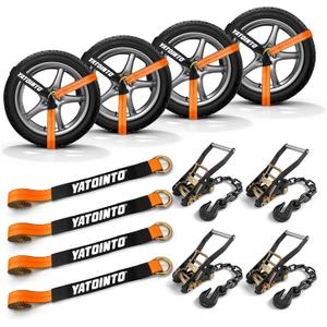 4 Pack Car Tie Down Straps for Trailers,2"96" Ratchet Tire Straps with Heavy Duty Chain Anchors,Lasso Wheel Strap 9900LBS Break Strength for Trailers, UTV,SUV,Trucks and Any car Hauling