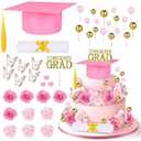 Pink Graduation Cake Decorations 2025 - Congrats Grad Cap Cupcake Topper, Flowers, Diploma Hat Decor Kit Party Supplies