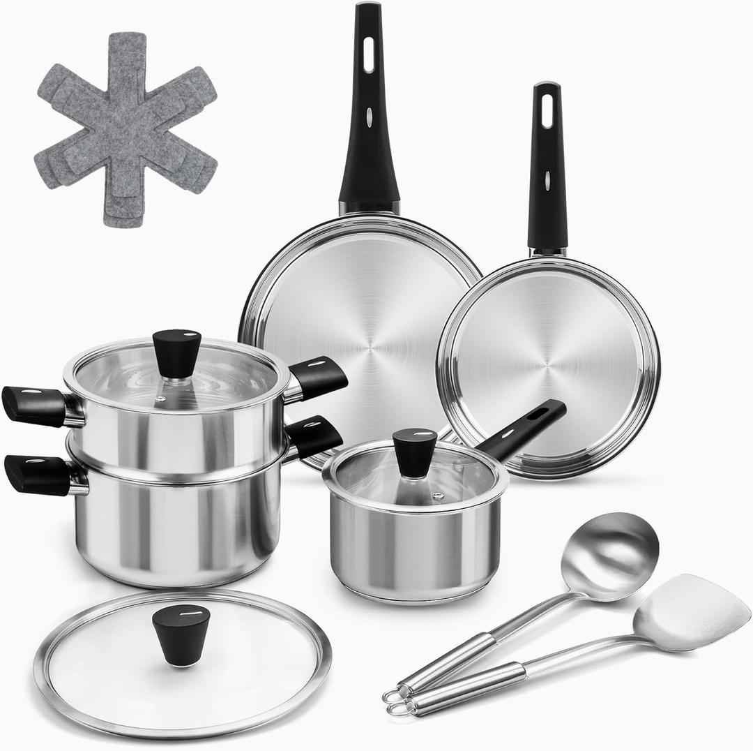 14Pcs Kitchen Pots and Pans Set, Stainless Steel Cookware Set Non Toxic, Induction Cooking Pot and Pan Set with Stay-Cool Handles, Healthy PFAS, PFOA, PFOS Free, Dishwasher Safe