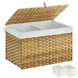 Greenstell Storage Basket with Lid, 105L Large Wicker Basket with Lid, Handwoven Blanket Storage Basket with Handles, Removable Cotton Liner, Metal Frame, Foldable for Bedroom, Laundry Room, Natural