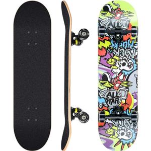 Skateboards for Beginners, 31 x 8 inch Complete Skateboard for Kids Teens Adults, 8 Layer Maple Double Kick Deck Concave Cruiser Trick Skateboard with Multifunction Skate