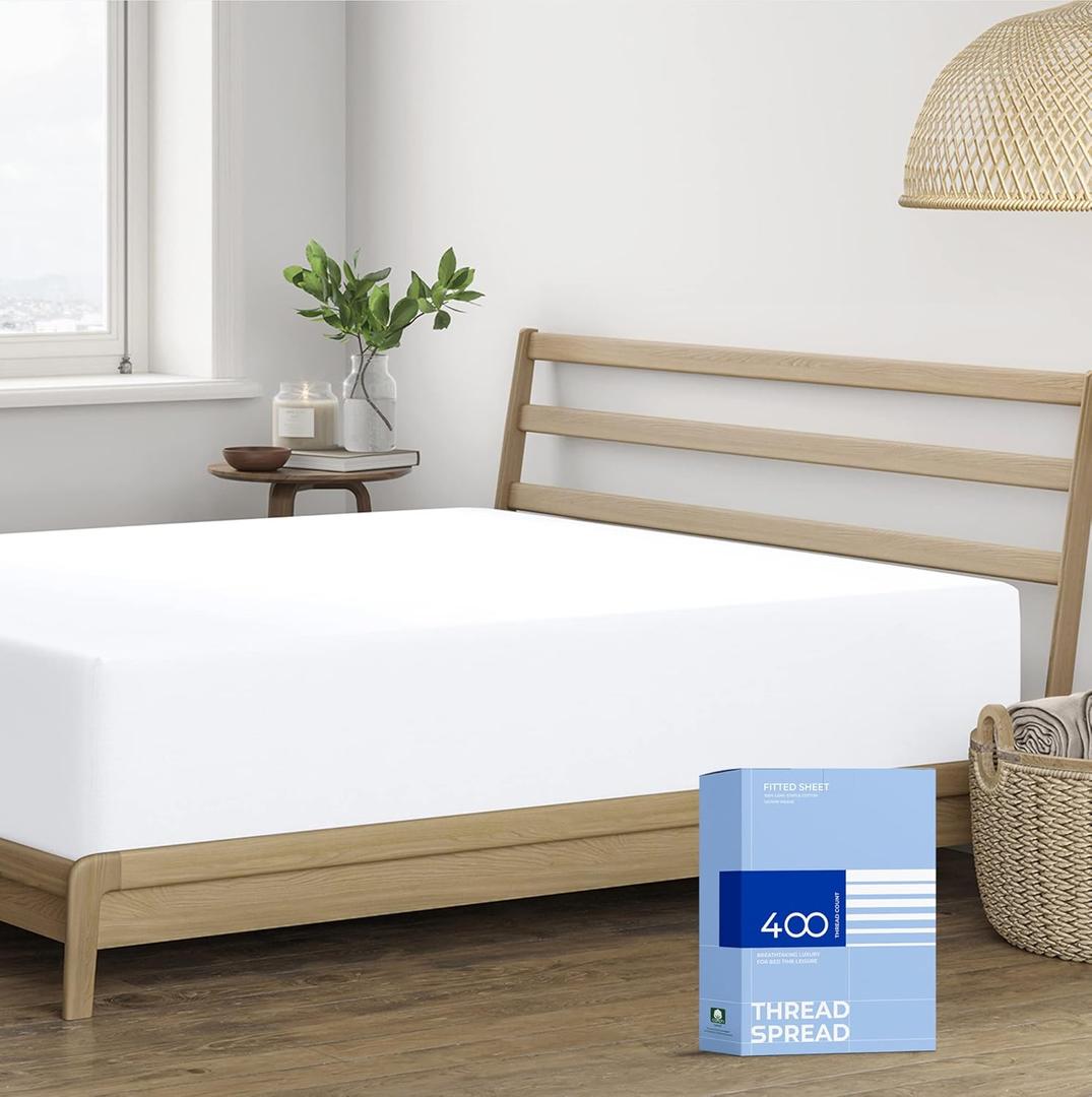 THREAD SPREAD 100% Cotton Queen Fitted Sheet Only - 400 Thread Count Cotton Fitted Sheet Queen, Luxuriously Soft, Durable, Cooling 16" Deep Pocket Sateen Weave Bottom, Luxury Hotel Quality - White