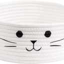 Small Woven Basket, Cute Cat Toy Basket for Living Room, Decorative Nursery Bin for Toys, Diapers, Empty Gift Baskets for Baby, White, 9.8 x 4 inches