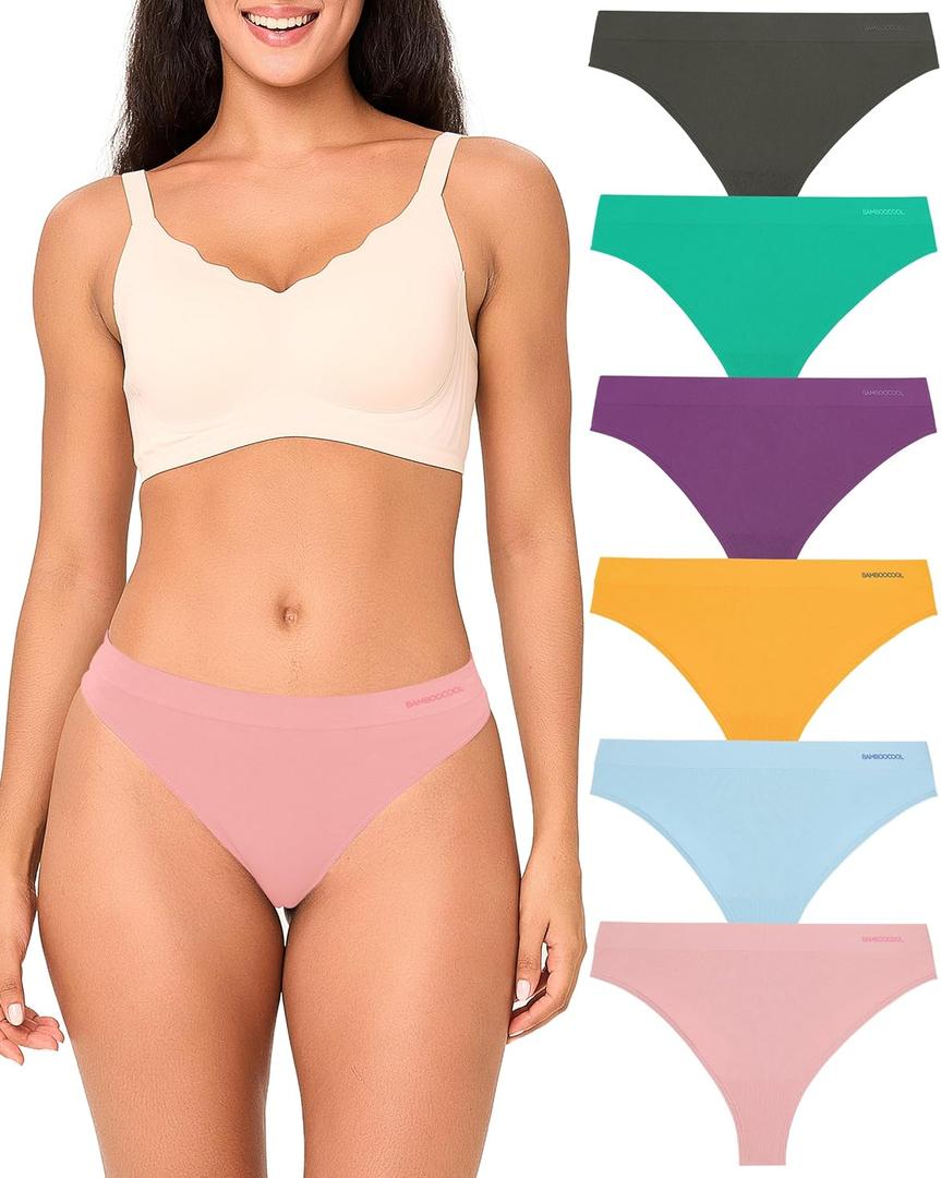 BAMBOO COOL Women's Thongs Seamless Moisture-Wicking Breathable Underwear High Stretchy Mid Waisted Panties Tagless 6 Pack (Large)