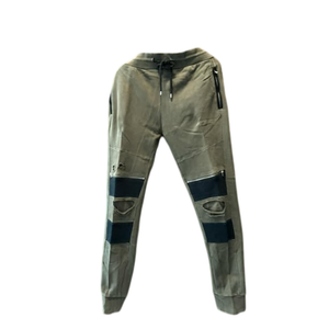 Mens Cargo Pants,  Khaki Colour Block Zip Pocket Cuffed Joggers, Olive, Large Size