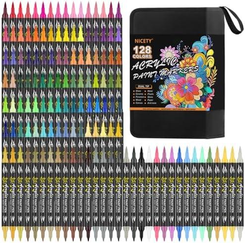 NICETY 128 Acrylic Paint Markers, Dual Tip Brush Paint Pens for Rock Painting, Wood, Glass, Stone, Canvas, Ceramic, Fabric - Fine & Brush Tip Water Based Acrylic Markers Pens