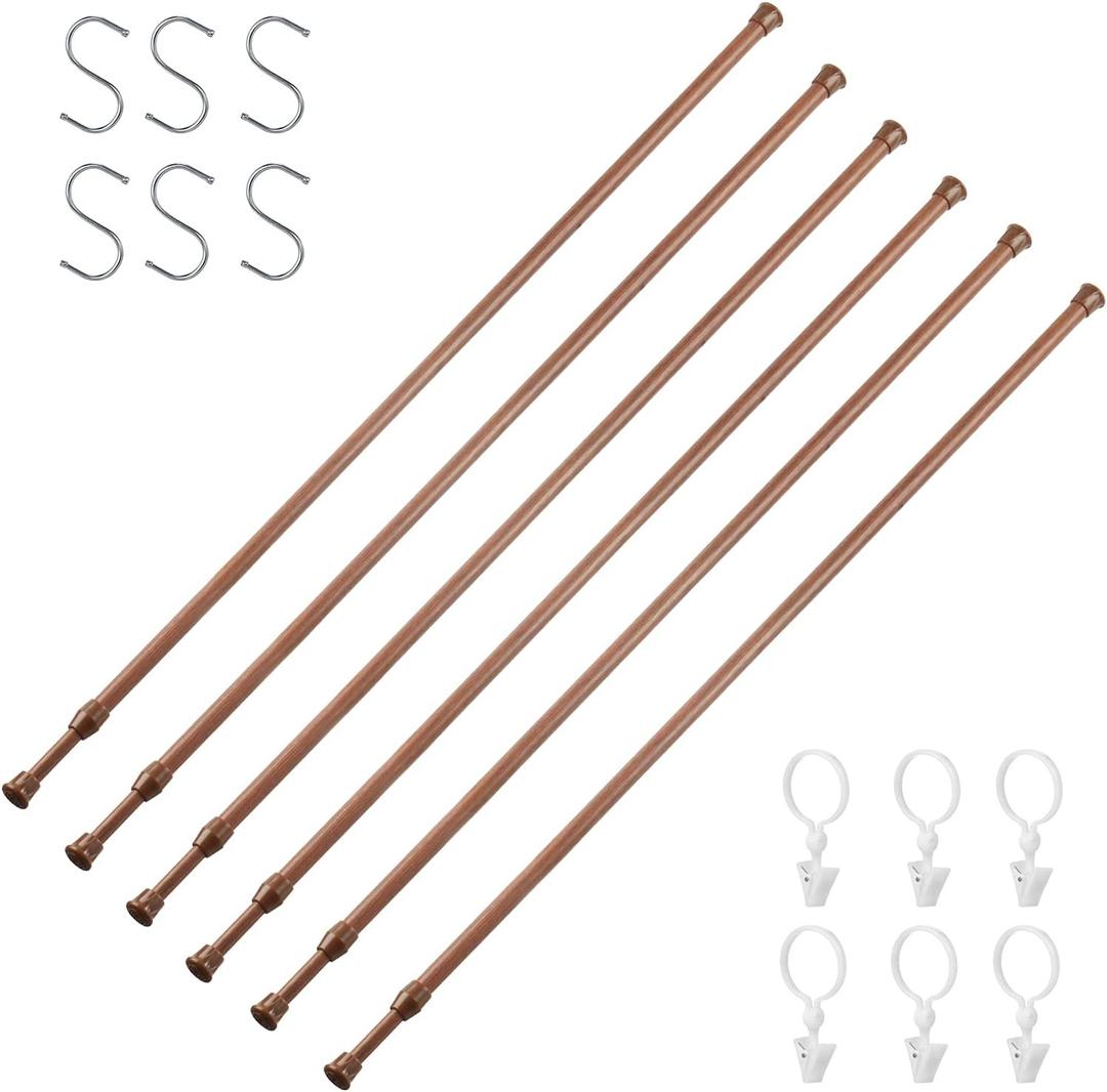6 Pack Tension Rods for Windows 28 to 48 Inch Spring Tension Rod Adjustable Metal No Drill Curtain Rod for Windows, Shower, Door, Kitchen (Wood Grain - 6 Pack)