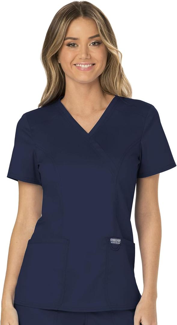 Cherokee Scrubs Top for Women Mock Wrap with 3 Pockets, Soft, 2-Way Stretch & Durable Fabric - WW610 (X-Small, Navy)