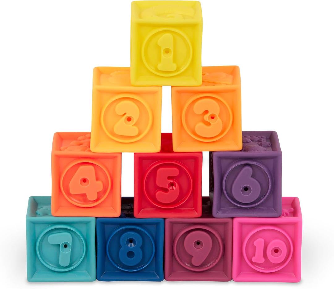 B. toys Baby Blocks Stacking & Building Toys for Babies 10 Soft & Educational Blocks Numbers, Shapes, Colors, Animals One Two Squeeze 6+ Months