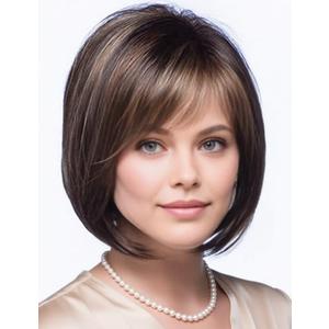 TISHINING Brown Highlight Short Bob Wig with Bangs for White Women Chin Length Layered Brown Mix Blonde Pixie Bob Wig Synthetic Natural Straight Hair Wigs for Daily Party Use