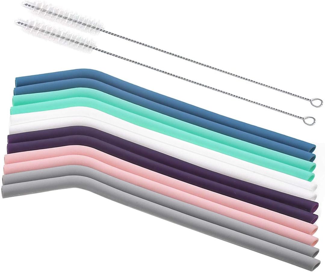 Senneny Set of 12 Silicone Drinking Straws for 30oz and 20oz - Reusable Silicone Straws BPA Free Extra Long with Cleaning Brushes- 12 Bent- 6mm diameter