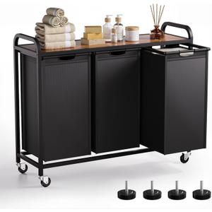 3-Section Laundry Hamper and Laundry Sorter with Pull-Out Organizer Bags, Rolling Laundry Basket with Wheels and Top Shelf, Large Capacity 3 x 12.7 Gal (144L)