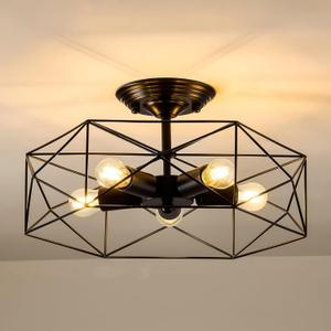 5-Light Farmhouse Semi Flush Mount Ceiling Light Fixture, Modern Black Ceiling Light, Industrial Close to Ceiling Light with Metal Hexagon Cage Ceiling Lamp for Kitchen, Hallway, Bathroomcloset