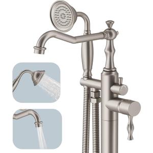 Hoimpro Free Standing Tub Faucet Freestanding Tub Filler Stand Alone Bath Tub Set Floor Mounted Bathtub Faucet Shower Faucets Handheld Sprayer Brass Brushed Nickel