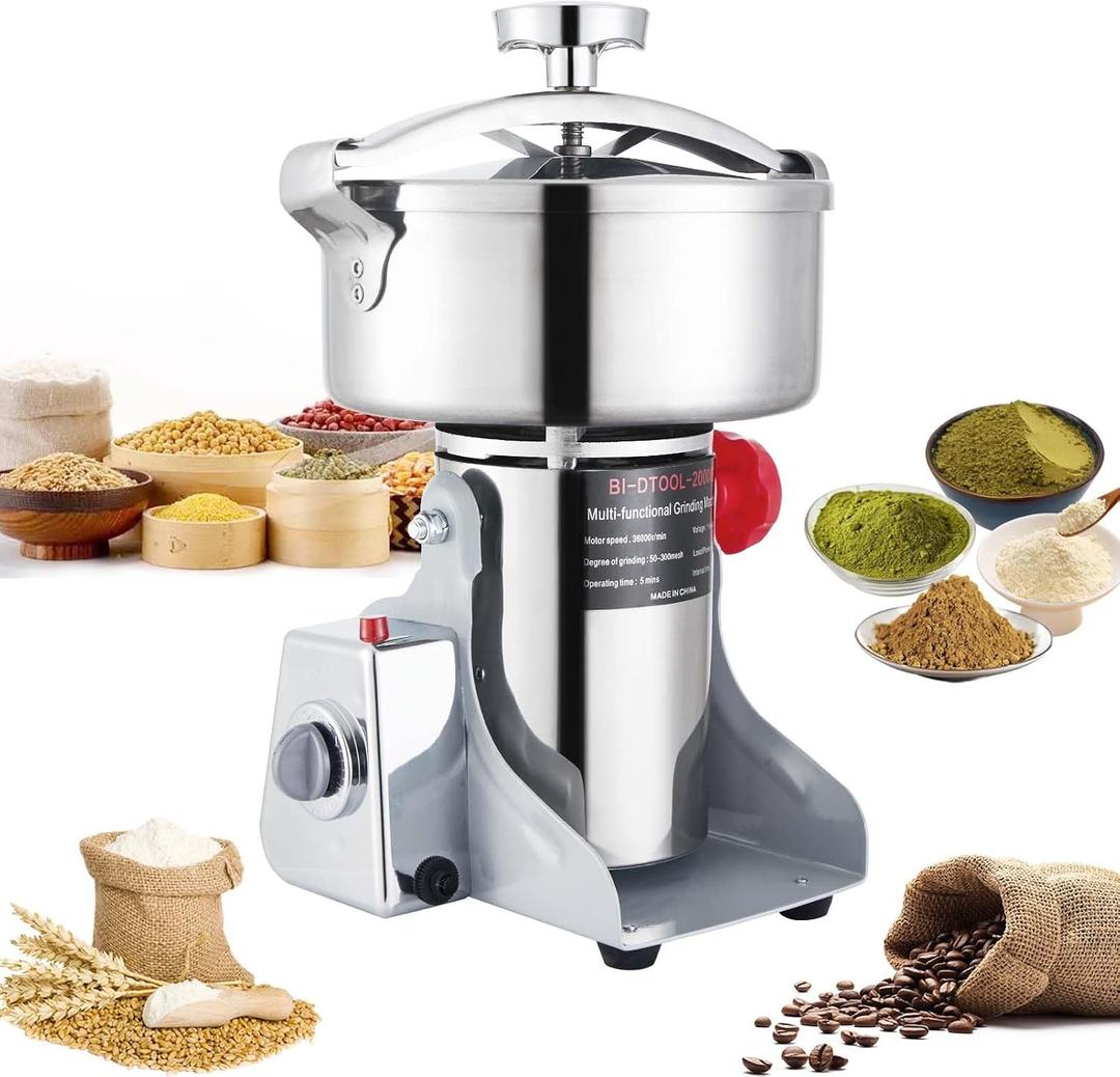 BI-DTOOL Electric Grain Mill Grinder 3600W Dry Material Grinding Machine 2000g Stainless Steel Pulverizer 36000r/min High-speed Grain Mill 270 swingable Superfine powder for Home and Commercial 2000g