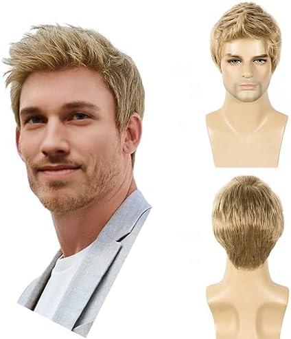 BEAUTY FLAG Mens Blonde Wig Short Straight Synthetic Blonde Hair Wigs for Male Guy Daily Wear Anime Costume Halloween Cosplay Party(Fit 21inch-22.5inch Head Circumference)