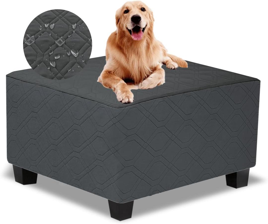 Ottoman Cover Square,Waterproof Square Ottoman Covers Thick Slipcover for Living Room,Washable Storage Footstool Furniture Protector for Dogs,Pets,Charcoal Grey,X-Large (XL Length&Width:43"-46",Height:14"-20", Charcoal Grey&dark Bluish Gray)