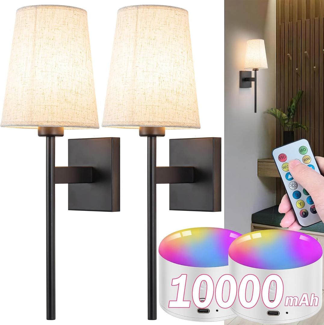Battery Operated Wall Sconce Set Of Two, Wireless Wall Sconce Lighting with Remote Control, Indoor Dimmable Battery Operated Wall Lamp Light Fixture with 3 Color Temp Bulb For Bedroom Living Room ( Co (Black)
